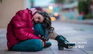 women wearing quilted jacket under $50 sitting at sidewalk